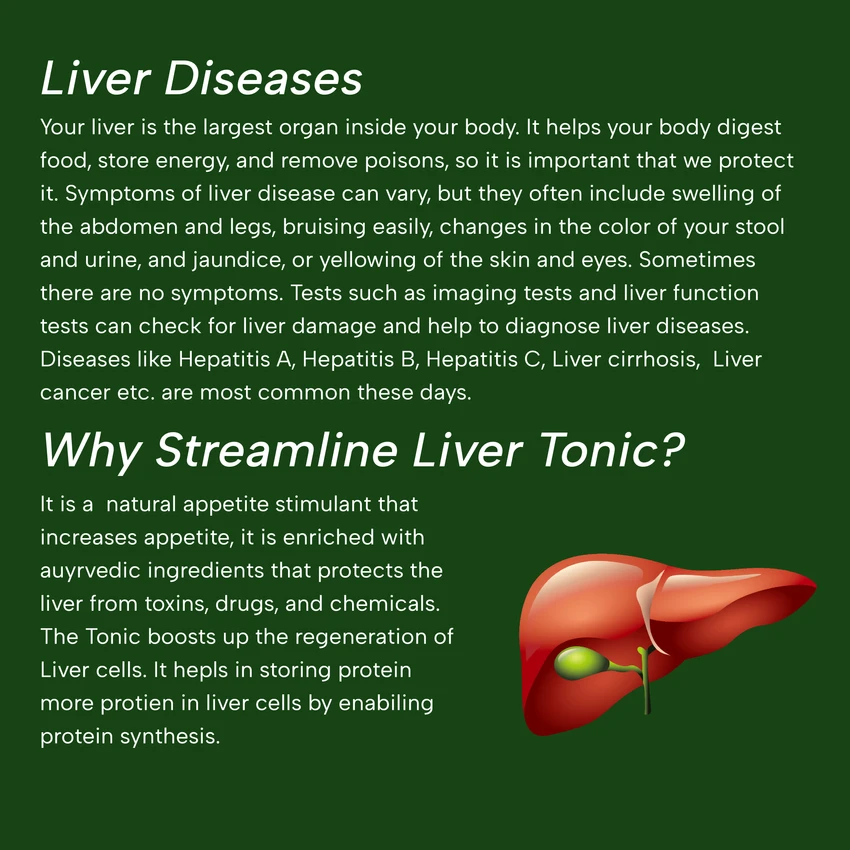 Liver Tonic  is a diligently Researched Formulation devised by our team of Ayurvedic experts. It consists of 12 Clinically Proven Herbs that are useful in the Protection & Detoxification of Liver. Streamline Liver Tonic is an All-in-one