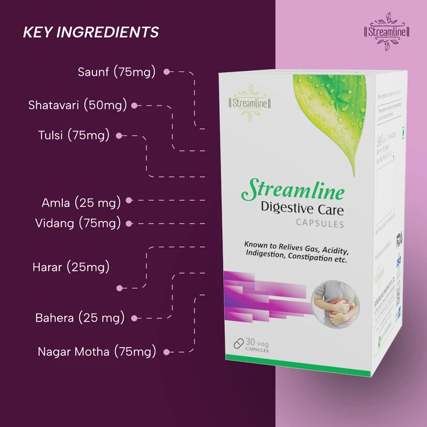 STREAMLINE DIGESTIVE CARE CAPSULES for Constipation Relief , Digestion Support , Gastric troubles , Regulating Bowel Movement