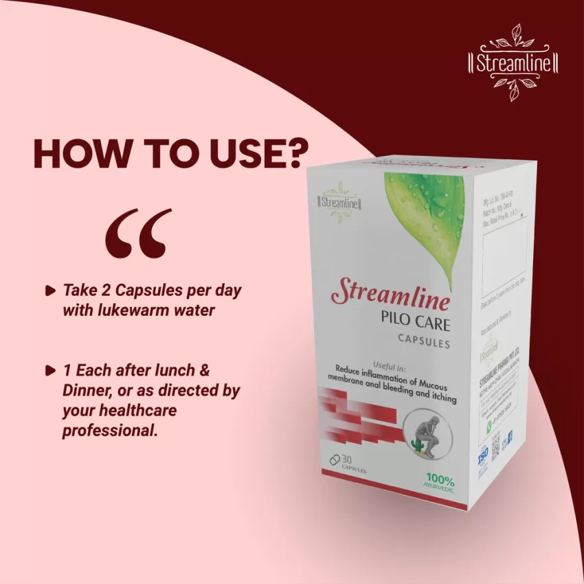 STREAMLINE PILO CARE CAPSULES Fast relieve in bleeding, burning & pain I For Piles, Fissure. Fistula, Inflammation & Rectum