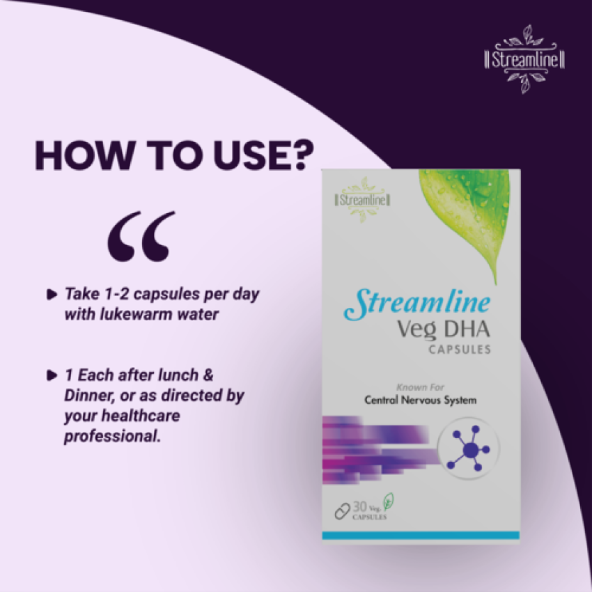 STREAMLINE VEGDHA CAPSULES Vegetarian Plant Based Omega 3 DHA Supplement - Supports Joint Movement, Brain Function, Healthy Heart And Visual Health - Sustainably sourced