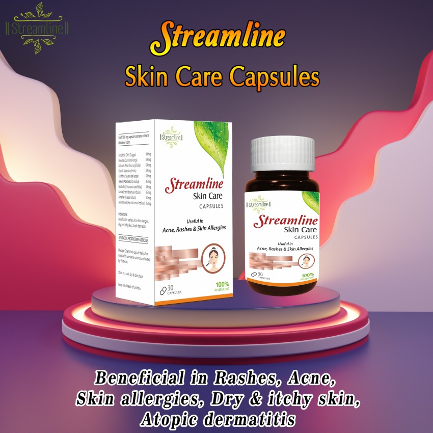 Streamline Skin Care Capsules - Natural Remedy for Acne, Rashes, Skin Allergies, Dry & Itchy Skin, Atopic Dermatitis - 30 Capsules