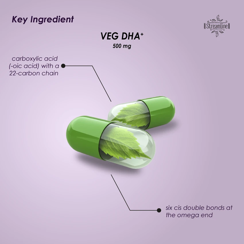 STREAMLINE VEGDHA CAPSULES Vegetarian Plant Based Omega 3 DHA Supplement - Supports Joint Movement, Brain Function, Healthy Heart And Visual Health - Sustainably sourced