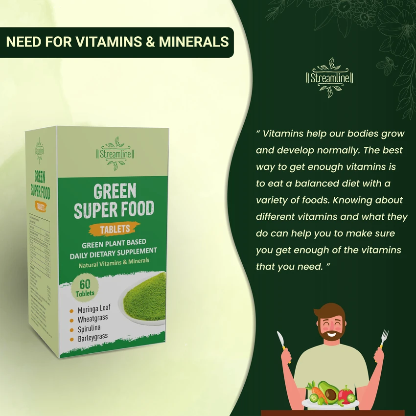 STREAMLINE GREEN SUPER FOOD TABLETS Daily Greens to Boost Immunity, Digestive Enzymes & Body Detox with Wholefood Multivitamin